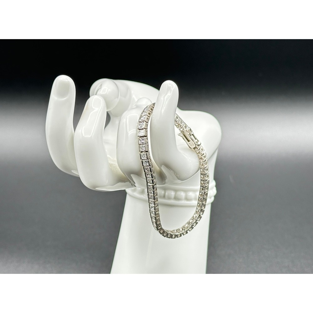 Vintage 925 Sterling Silver CZ Square Box Link Tennis Bracelet 7" Clear Stone